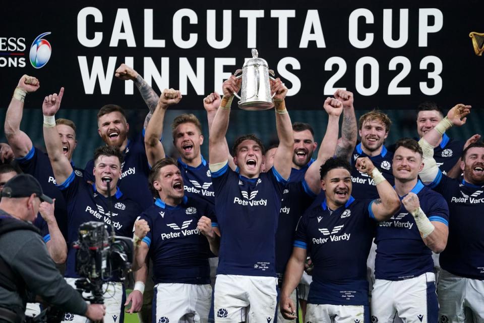 Jamie Ritchie lifts the Calcutta Cup trophy (Adam Davy/PA) (PA Wire)