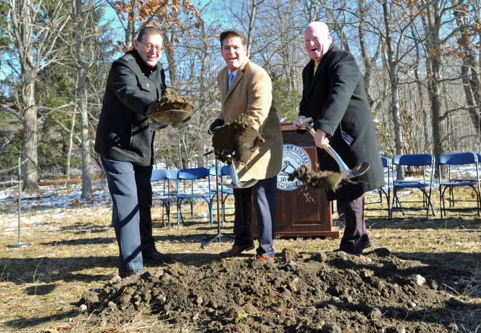 The Tri-Town Board of Water Commissioners - from left, Randolph Town Councilor William Alexopoulos, Braintree Mayor Charles Kokoros and Holbrook Town Administrator Gregory Hanley - break ground for the new Tri-Town Water Treatment Plant in Braintree that will serve the three towns Tuesday, Dec. 13, 2022.