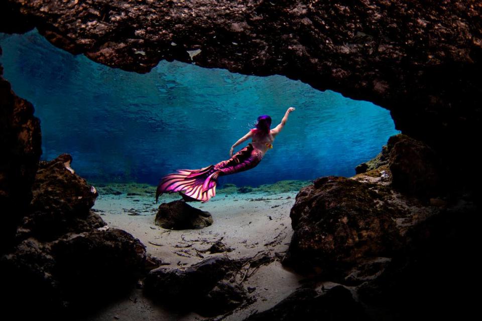 For mermaid performers, a tail is not a one-time purchase, Morgana Alba said. Here she is swimming in a Finfolk tail, one of many tails she owns.