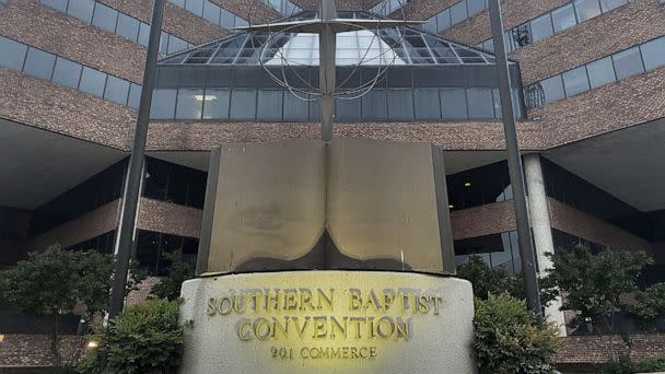 PHOTO: A cross and Bible sculpture stand outside the Southern Baptist Convention headquarters in Nashville, Tenn., May 24, 2022.  (Holly Meyer/AP)