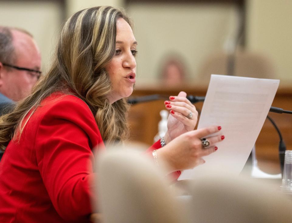 Tara Czachor, founder of Wisconsin United for Freedom, testifies against expanded vaccines for children Tuesday, March 7, 2023, during a hearing on mandated immunizations before the Joint Committee for Review of Administrative Rules at the Capitol in Madison, Wis.