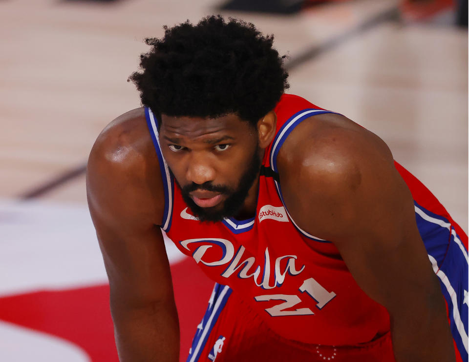Sixers star Joel Embiid has already experienced ankle and hand injuries in the bubble. (Kevin C. Cox/Getty Images)