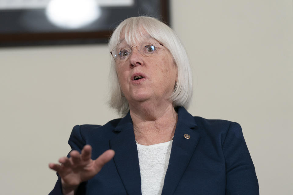 Senate Appropriations Committee chair Sen. Patty Murray, D-Wash., speaks during an interview with The Associated Press, along with Shalanda Young, the first Black woman to lead the Office of Management and Budget; Senate Appropriations Committee ranking member Sen. Susan Collins, R-Maine; House Appropriations Committee chair Rep. Kay Granger, R-Texas; and House Appropriations Committee ranking member Rep. Rosa DeLauro, D-Conn.; at the Capitol in Washington, Thursday, Jan. 26, 2023. It's the first time in history that the four leaders of the two congressional spending committees are women. (AP Photo/Manuel Balce Ceneta)