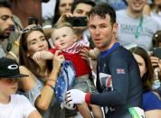 2016 Rio Olympics - Cycling Track - Final - Men's Omnium 40km Points Race - Rio Olympic Velodrome - Rio de Janeiro, Brazil - 15/08/2016. Mark Cavendish (GBR) of Britain with his wife Peta Todd and his son Frey David. REUTERS/Eric Gaillard