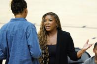 Cherelle Griner, Brittney Griner's wife, talks prior to a rally for Phoenix Mercury WNBA basketball player Griner Wednesday, July 6, 2022, in Phoenix. Brittney has been detained in Russia for 133 days, charged in Russia for having vape cartridges containing hashish oil in her luggage. (AP Photo/Ross D. Franklin)