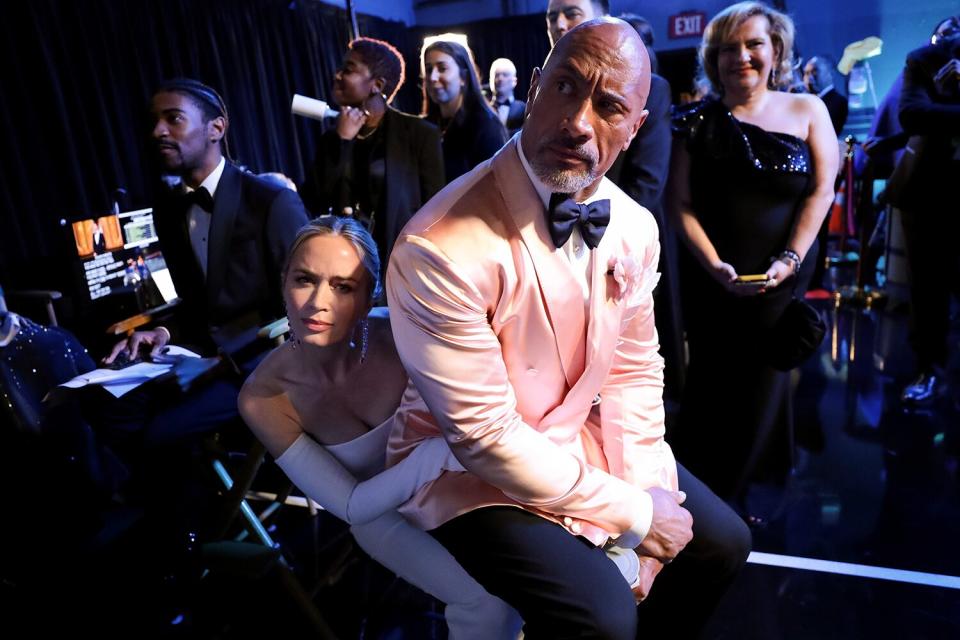Emily Blunt and Dwayne Johnson are seen backstage during the 95th Annual Academy Awards