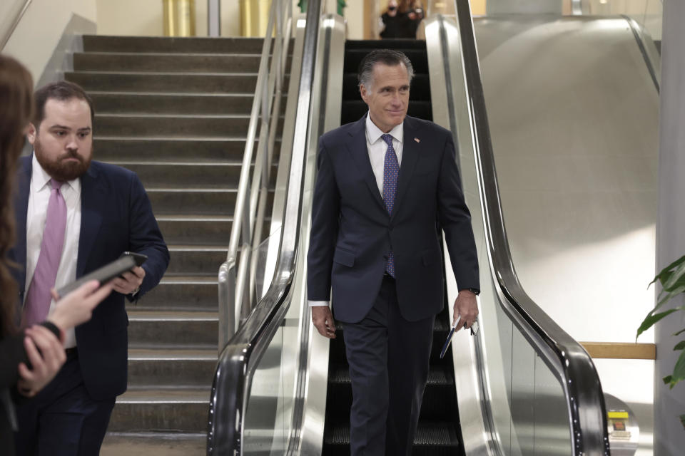  Sen. Mitt Romney (R-UT) walks through the Senate subway during a vote on Capitol Hill on February 16, 2022 in Washington, DC. / Credit: Anna Moneymaker  / Getty Images
