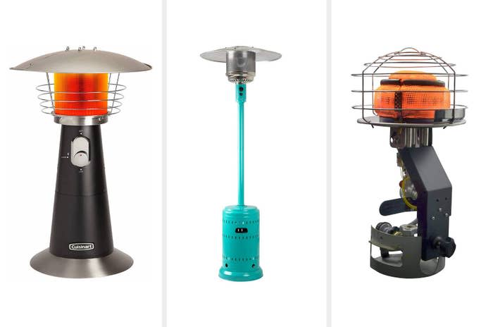 From left: Cuisinart tabletop heater, Amazon Basics propane heater, Mr. Heater radiant propane heater