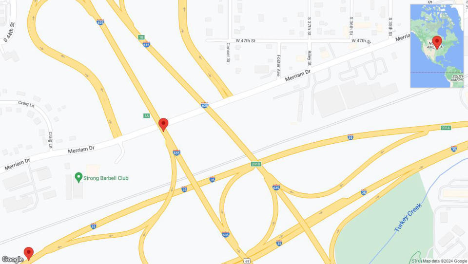 A detailed map that shows the affected road due to 'Heavy rain prompts traffic warning on the Harry Darby Memorial Highway in Overland Park' on May 31st at 4:28 p.m.