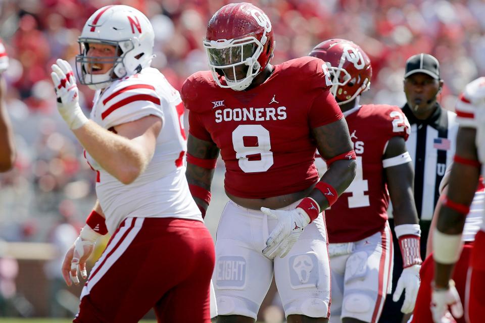 Oklahoma's Perrion Winfrey (8) is one of the Sooners' top defensive linemen this season.