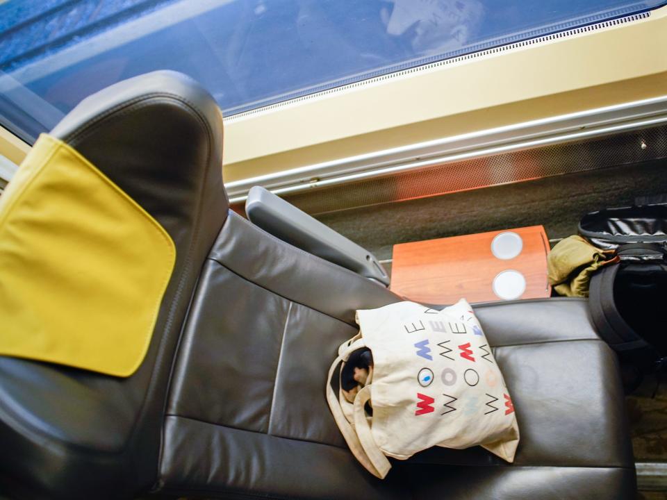 A tote bag on a train seat