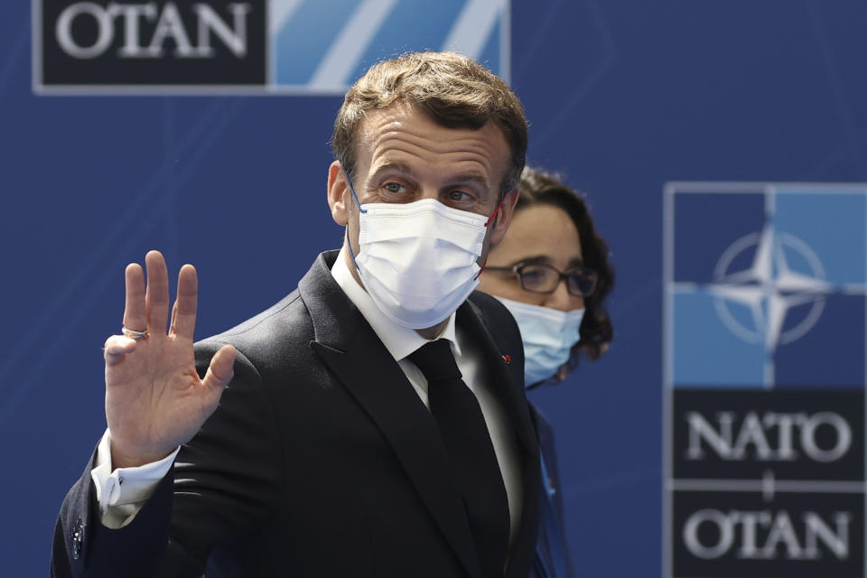 French President Emmanuel Macron arrives for a NATO summit at NATO headquarters in Brussels, Monday, June 14, 2021. U.S. President Joe Biden is taking part in his first NATO summit, where the 30-nation alliance hopes to reaffirm its unity and discuss increasingly tense relations with China and Russia, as the organization pulls its troops out after 18 years in Afghanistan. (Kenzo Tribouillard, Pool via AP)