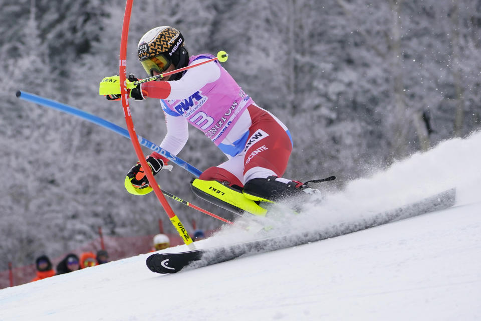 Switzerland's Wendy Holdener competes during a women's World Cup slalom ski race Sunday, Nov. 28, 2021, Killington, Vt. (AP Photo/Robert F. Bukaty)