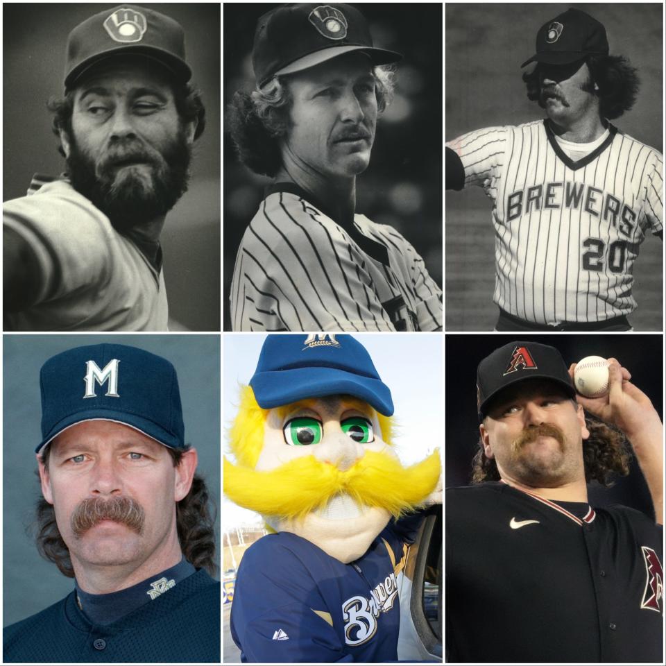 Great mustache and long-hair combinations in Brewers history include (top row, from left) Mike Caldwell, Robin Yount, Gorman Thomas, (bottom row) Doug Jones, Bernie Brewer and now Andrew Chafin.