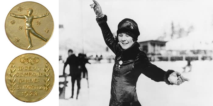 <p>The medals for the 1928 Olympic Winter Games featured a skater with her arms wide open, snowflakes, and the Olympic Rings.<br> (IOC photo; Norwegian figure skater Sonja Henie shows off her gold medal at the 1928 Olympics in St. Moritz, Switzerland/Getty Images) </p>