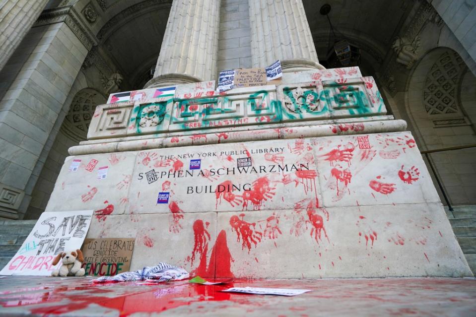 Red handprints left on the New York Public Library in Manhattan by anti-Israel protestors on November 23, 2023. Robert Miller