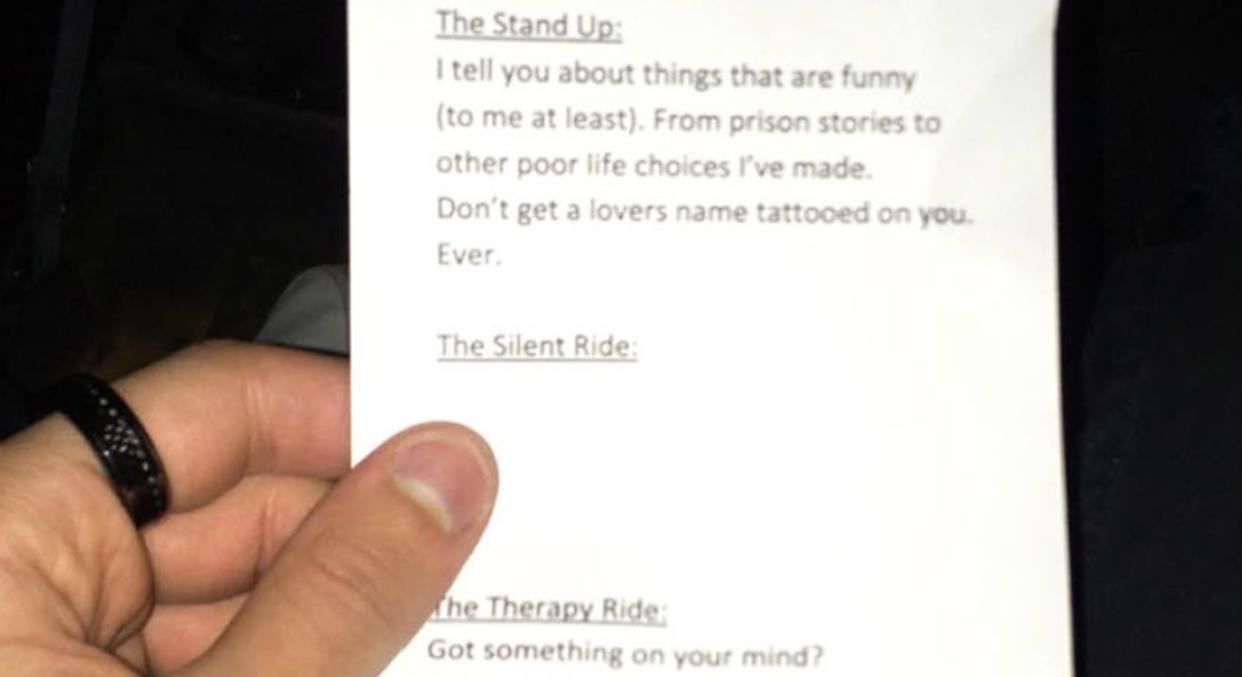 An Uber driver has created a menu of different conversations. [Photo: PA]