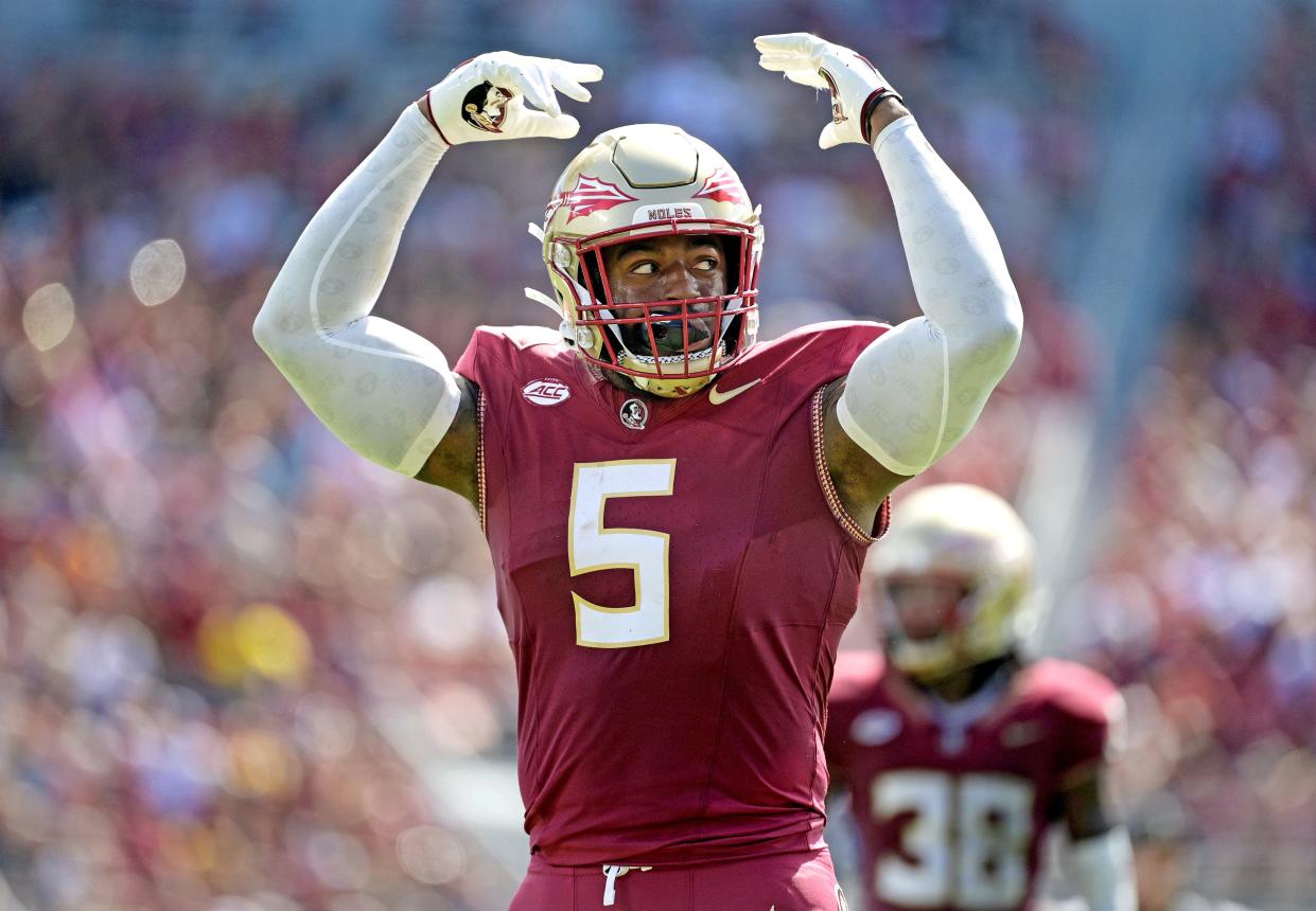 Oct 14, 2023; Tallahassee, Florida, USA; Florida State Seminoles defensive end Jared Verse (5) against the Syracuse Orange during the first half at Doak S. Campbell Stadium. Mandatory Credit: Melina Myers-USA TODAY Sports