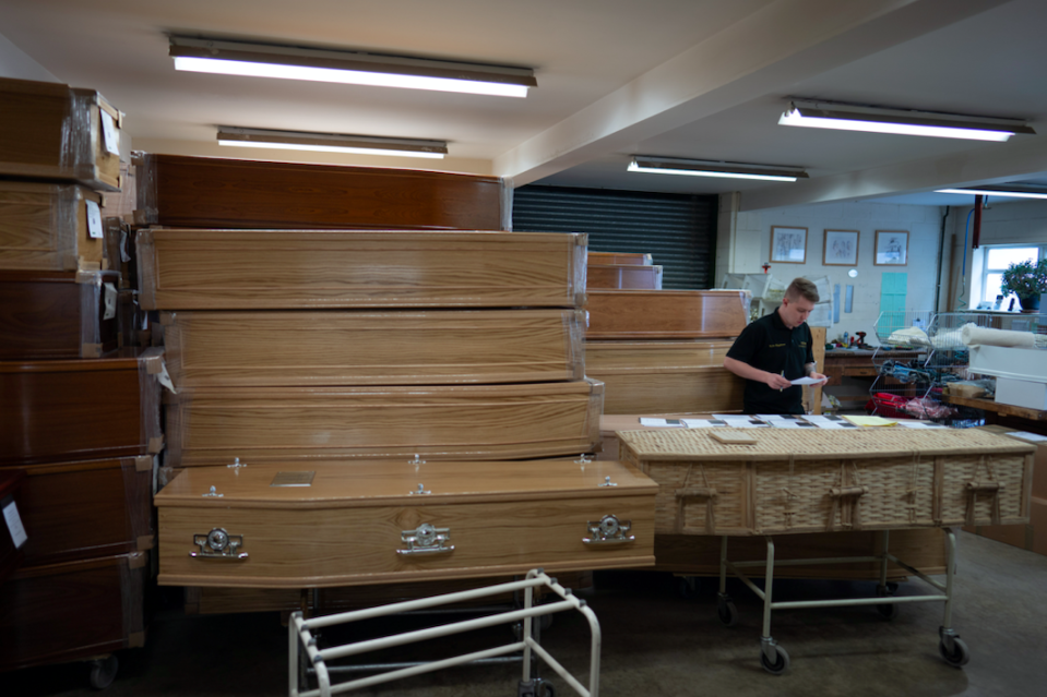 Coffins lie stacked up ready to use following a spike in deaths during the COVID-19 pandemic.