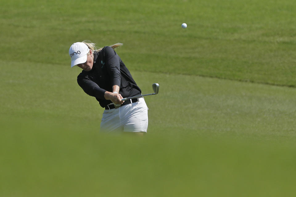 Jacqui Concolino hits the ball down the fairway of the sixth hole during the second round of the LPGA Tour golf tournament at Kingsmill Resort, Friday, May 24, 2019, in Williamsburg, Va. (Jonathon Gruenke/The Daily Press via AP)