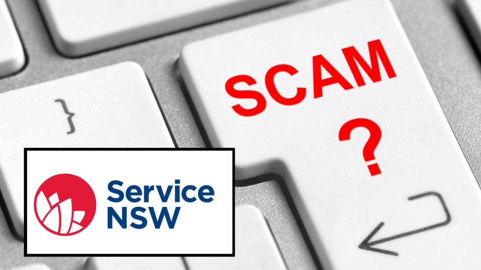 Keyboard with word 'scam?' written on it, inset image of Service NSW logo.