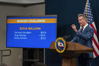 California Gov. Gavin Newsom unveils his revised 2024-25 state budget during a news conference in Sacramento, Calif., Friday, May 10, 2024. Newsom said the state's budget deficit has grown by $7 billion. In January, Newsom said the deficit was nearly $38 billion. However, in March Newsom and lawmakers agreed on some actions to reduce that deficit by $17.3 billion. Now, Newsom says the remaining deficit is $27.6 billion (AP Photo/Rich Pedroncelli)