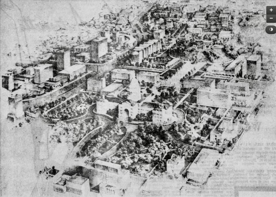 The idea for a pedestrian mall north of the state Capitol was presented to the public in the American-Statesman on March 13, 1965. The proposal included a new Governor's Mansion on a man-made hill near the site where the Blanton Museum of Art was eventually built. Several of the modest office towers shown near the Capitol were in fact built, but the Capitol Mall was not completed until 2022.