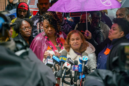 Iris Baez, who also lost a son after a police officer applied a chokehold, speaks to the media during a break at the disciplinary trial of Police officer Daniel Pantaleo in relation to the death of Eric Garner at 1 Police Plaza in the Manhattan borough of New York, New York, U.S., May 13, 2019. REUTERS/David 'Dee' Delgado