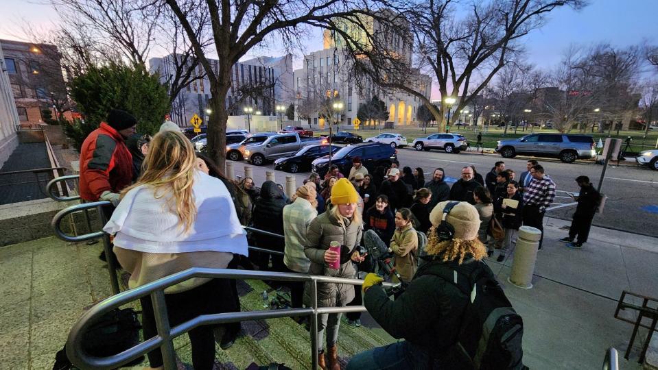 Members of the media and general public line up outside of the Mary Lou Robinson United States Courthouse in Amarillo, Texas, ahead of the public hearing on the lawsuit against abortion medication mifepristone on March 15.