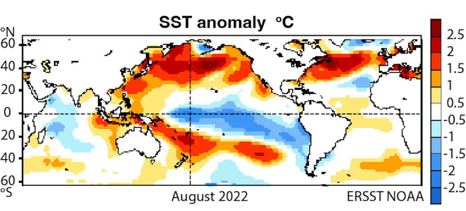 August 2022 had a distinct La Niña weather pattern, with cold waters in the tropical Pacific and intense marine heat waves in the North and South Pacific. The temperatures are compared to the 1991-2020 average. <a href="https://www.weather.gov/ict/enso" rel="nofollow noopener" target="_blank" data-ylk="slk:NOAA;elm:context_link;itc:0;sec:content-canvas" class="link ">NOAA</a>