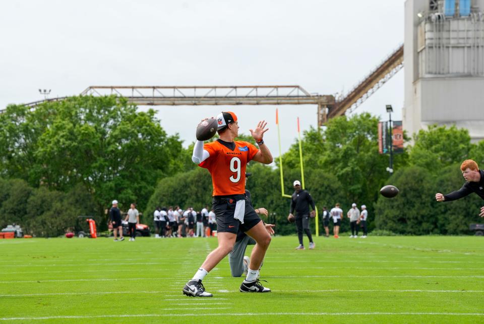 Bengals quarterback Joe Burrow works out this week at the practice fields outside of Paycor Stadium. Burrow is recovering from wrist surgery after a season-ending injury he suffered in Week 11 last season.