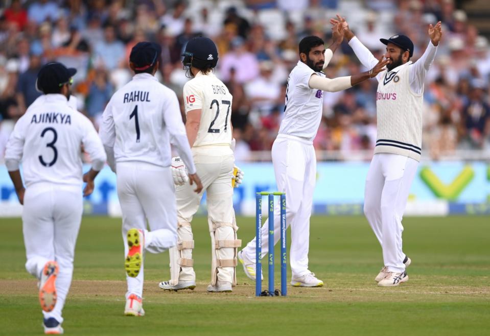 England batsman Rory Burns is dismissed by India bowler Jasprit Bumrah -  Stu Forster/Getty Images