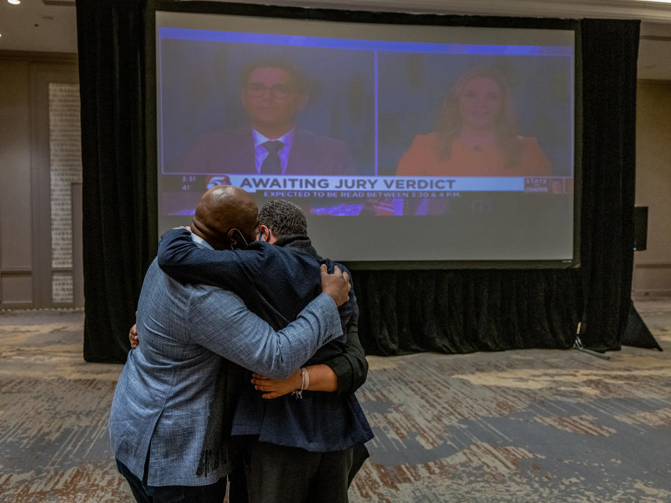 Members of George Floyd's family and legal team hug after the guilty verdict is called in the trial of former police officer Derek Chauvin in Minneapolis, on April 20.<span class="copyright">Ruddy Roye for TIME</span>