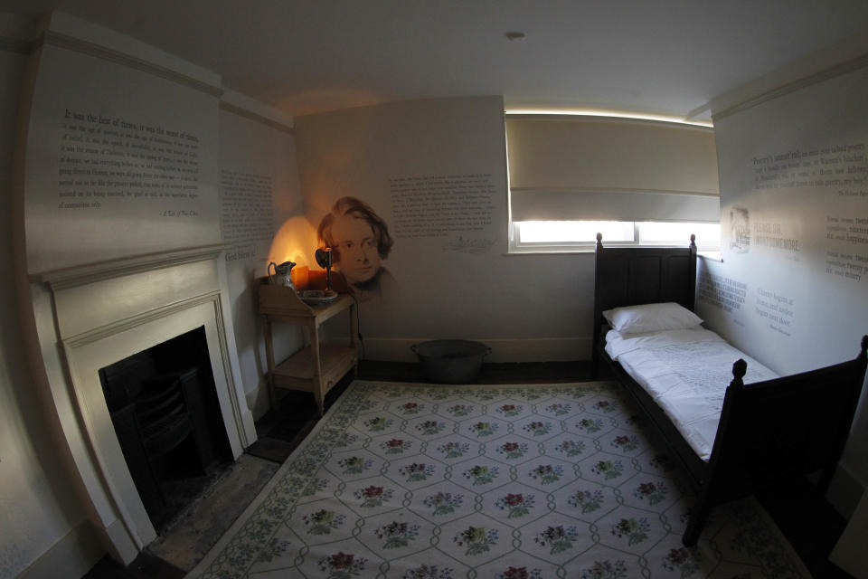 FILE - This Dec. 5, 2012 file photo shows a servant's room in Charles Dickens' home, part of the Charles Dickens Museum in London. For years, the four-story brick row house where the author lived with his young family was a dusty and slightly neglected museum, a mecca for Dickens scholars but overlooked by most visitors to London. Now, after a 3 million pound ($4.8 million) makeover, it has been restored to bring the writer's world to life. Its director says it aims to look "as if Dickens had just stepped out." (AP Photo/Sang Tan)