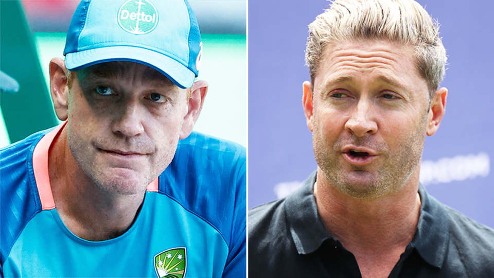 Australian coach Andrew McDonald (pictured left) during training and (pictured right) Michael Clarke during a media opportunity.