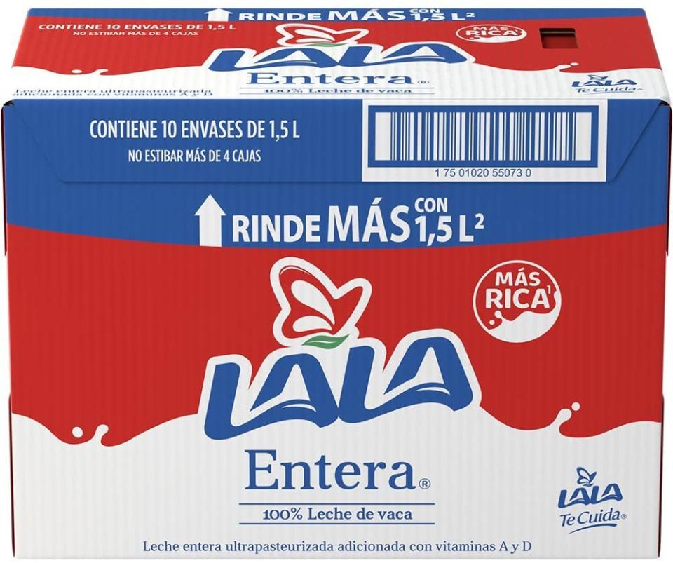 Lala Leche UHT Entera con Tapa, 1.5 L, 10 Piezas