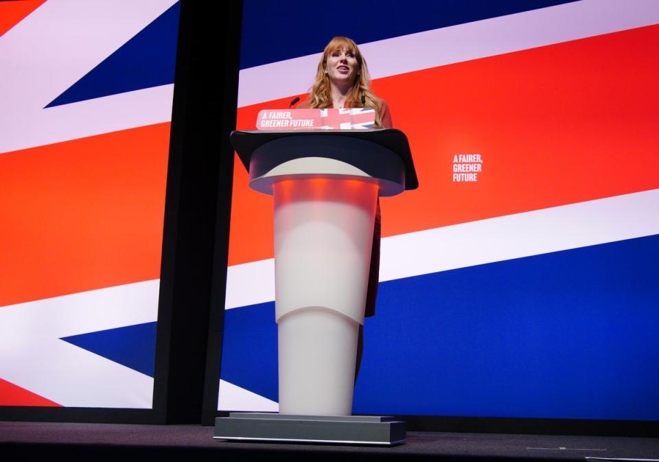 Labour deputy leader Angela Rayner making her speech (Peter Byrne/PA) (PA Wire)