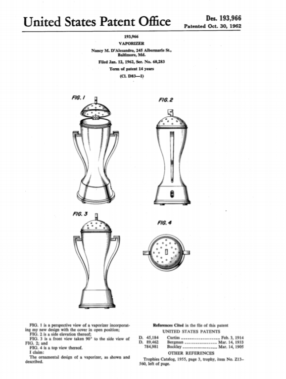 Nancy D’Alesandro filed for several patents for the “Vaporizer.” (Filing retrieved by Lillianna Byington, a researcher for Madam Speaker, from the United States Patent and Trademark Office)