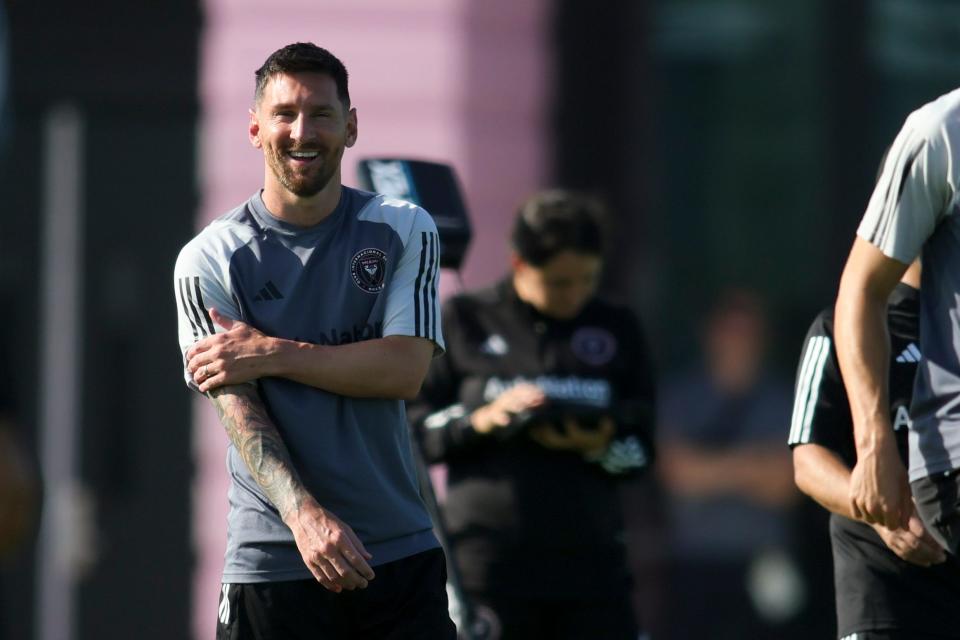 Lionel Messi looks on during his first Inter Miami CF practice with at Florida Blue Training Center.