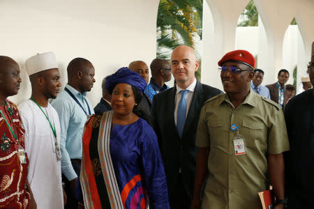 Nigerian Minister of Sports and Youth development Solomon Dalung leads FIFA President Gianni Infantino and FIFA Secretary General Fatma Samoura to visit Nigeria's President Muhammadu Buhari in Abuja, Nigeria, July 25, 2016. REUTERS/Afolabi Sotunde