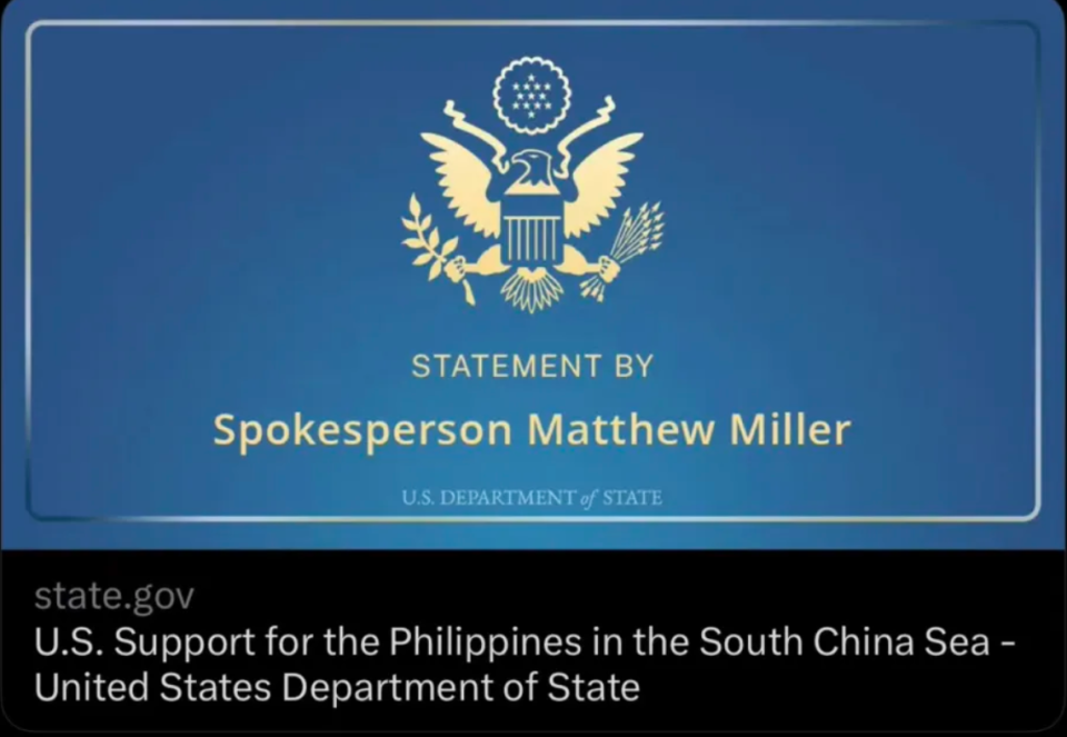 美國國務院發布聲明，警告解放軍停止對菲律賓的挑釁和不安全行為。   圖：翻攝自嗷狼記