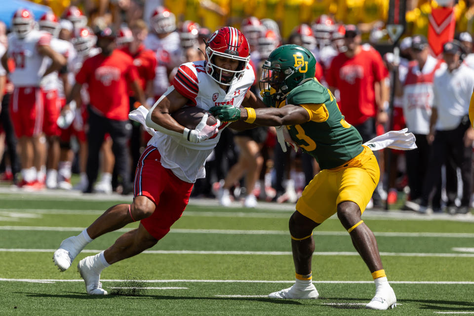 WACO, TX - SEPTEMBER 09: Utah Utes cornerback Smith Snowden (17) tries to run past Baylor Bears safety DJ Coleman (33) during the college football game between Baylor Bears and Utah Utes on September 9, 2023, at Darrell K Royal-Texas Memorial Stadium in Austin, TX.  (Photo by David Buono/Icon Sportswire via Getty Images)