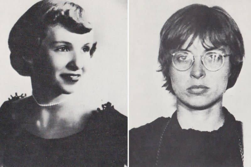 Diana Oughton, pictured in her high school years (L) and mug shot after Weather Underground protests in Chicago. On October 8, 1969, the Days of Rage demonstrations, organized by the Weather Underground, kicked off in Chicago. File photos by UPI
