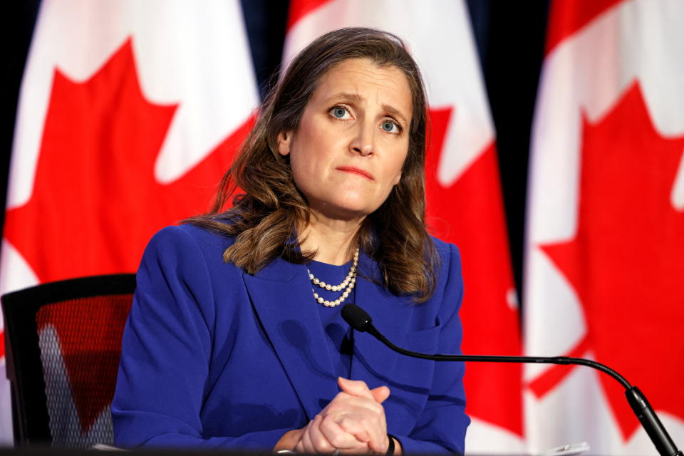 Canada's Finance Minister Chrystia Freeland looks on during a news conference before delivering the 2022-23 budget, in Ottawa, Ontario, Canada, April 7, 2022. REUTERS/Blair Gable