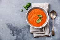 <p>Heat 1 cup tomato soup. Serve with a sandwich made with 1 <a href="https://www.amazon.com/Josephs-Whole-Wheat-Flour-Bread/dp/B07MBQ1L91/ref=sr_1_6?tag=syn-yahoo-20&ascsubtag=%5Bartid%7C10055.g.4351%5Bsrc%7Cyahoo-us" rel="nofollow noopener" target="_blank" data-ylk="slk:mini whole-wheat pita;elm:context_link;itc:0;sec:content-canvas" class="link ">mini whole-wheat pita</a>, 3 ounces thinly sliced roast beef, 1 teaspoon horseradish, mustard, tomato slices and lettuce. Eat with 2 cups raw veggies and 1/4 cup of hummus. </p>