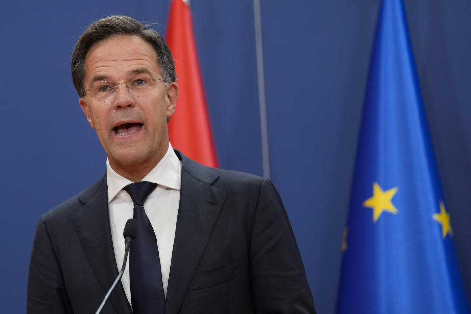 FILE - Netherland's Prime Minister Mark Rutte speaks during a press conference at the Serbia Palace, in Belgrade, Serbia, on July 3, 2023. The four parties that make up Prime Minister Mark Rutte's ruling coalition are in tense talks over ways to rein in migration, amid speculation the thorny issue could bring down the administration and force a general election. Rutte, the Netherlands’ longest serving premier, presided over late-night meetings Wednesday and Thursday that failed to broker a deal. More talks were planned for Friday, July 7, 2023. (AP Photo/Darko Vojinovic)