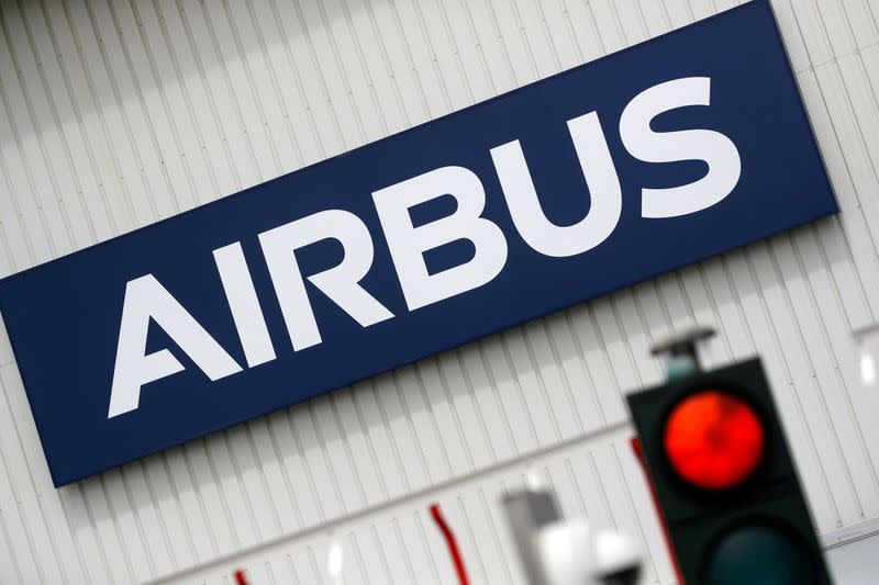 FILE PHOTO: Airbus logo at the entrance of the Airbus facility in Bouguenais