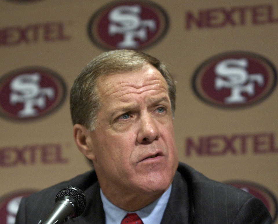 FILE - In this Wednesday, Jan. 15, 2003, file photo, San Francisco 49ers general manager Terry Donahue speaks at an NFL football news conference at 49ers headquarters in Santa Clara, Calif. Donahue, the winningest coach in Pac-12 Conference and UCLA football history who later served as general manager of the NFL’s San Francisco 49ers, died Sunday, July 4, 2021. He was 77. (AP Photo/Paul Sakuma, File)