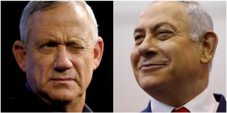 FILE PHOTO: A combination picture shows Benny Gantz (left), leader of Blue and White party, at an election campaign event in Ashkelon, Israel, April 3, 2019, and Israeli Prime Minister Benjamin Netanyahu smiling at a polling station in Jerusalem