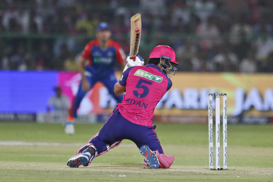 Rajasthan Royals' Riyan Parag bats during the Indian Premier League cricket match between Delhi Capitals and Rajasthan Royals in Jaipur, India, Thursday, March 28, 2024. (AP Photo/Pankaj Nangia)